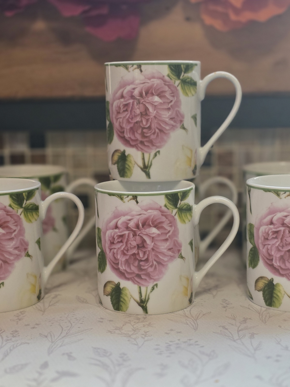 Spode Pink Rose Porcelain Mug/ Set Of 7